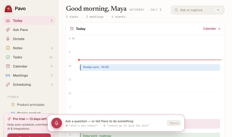 Pavo desktop Today workspace