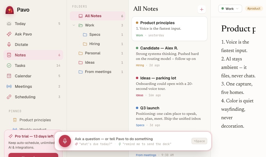 Pavo desktop Notes screen