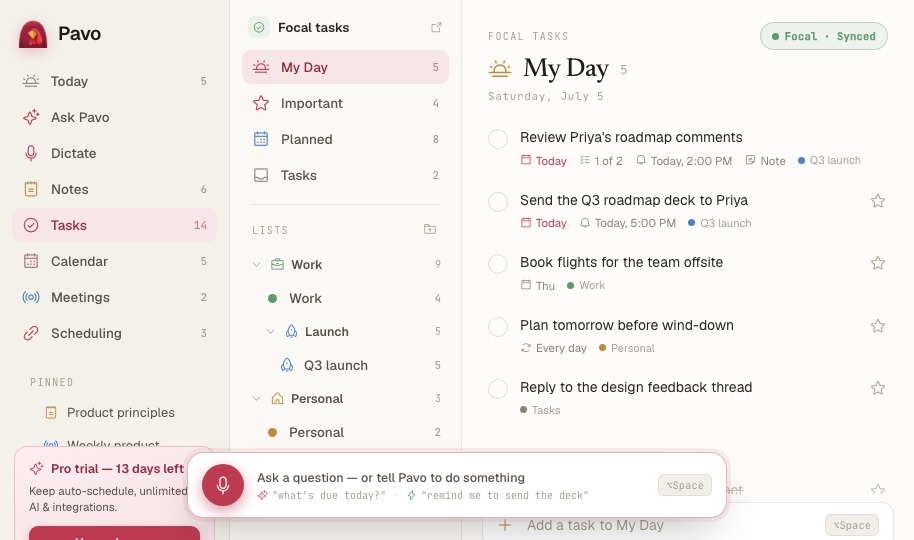 Pavo desktop Tasks screen