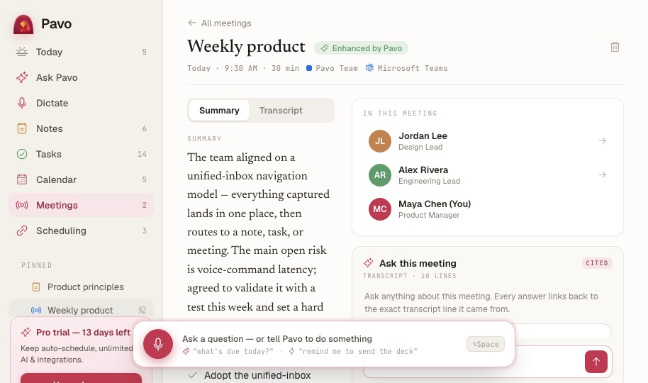 Pavo meeting detail screen with transcript and action items