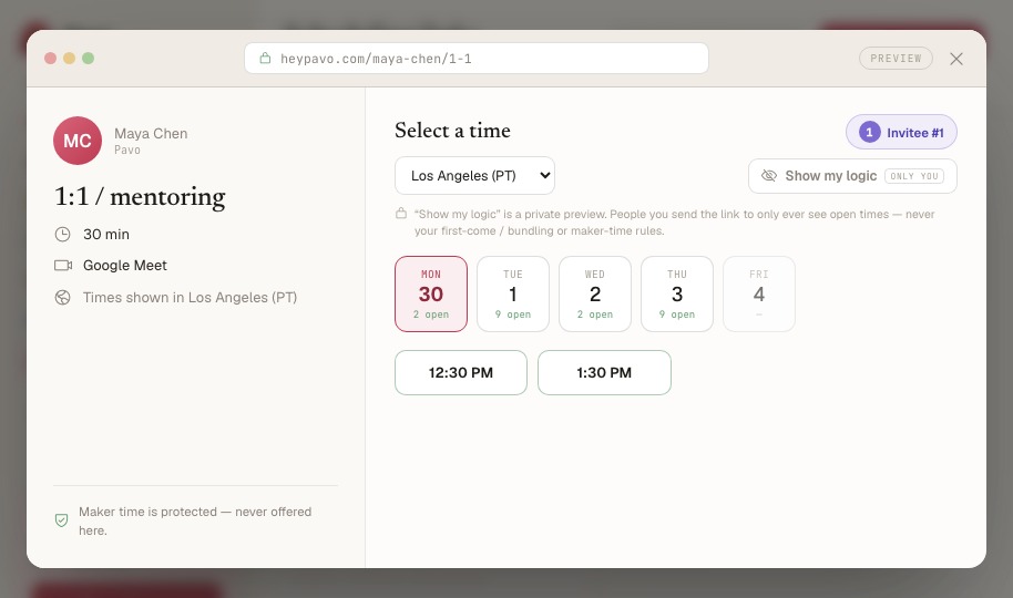 Pavo booking page preview