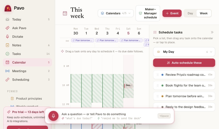 Pavo calendar showing tasks alongside scheduled time